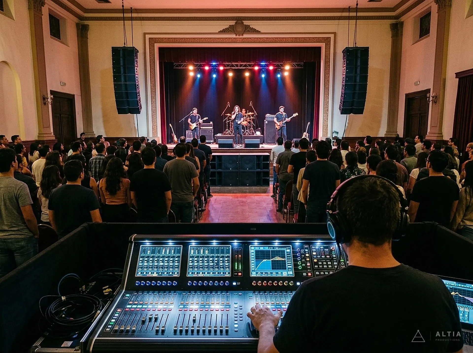 Consola digital de audio frente a un escenario con bocinas colgadas y público